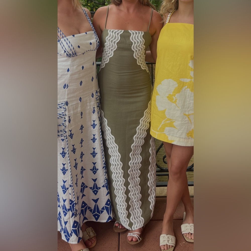 Olive Green Maxi Dress with White Lace Trim